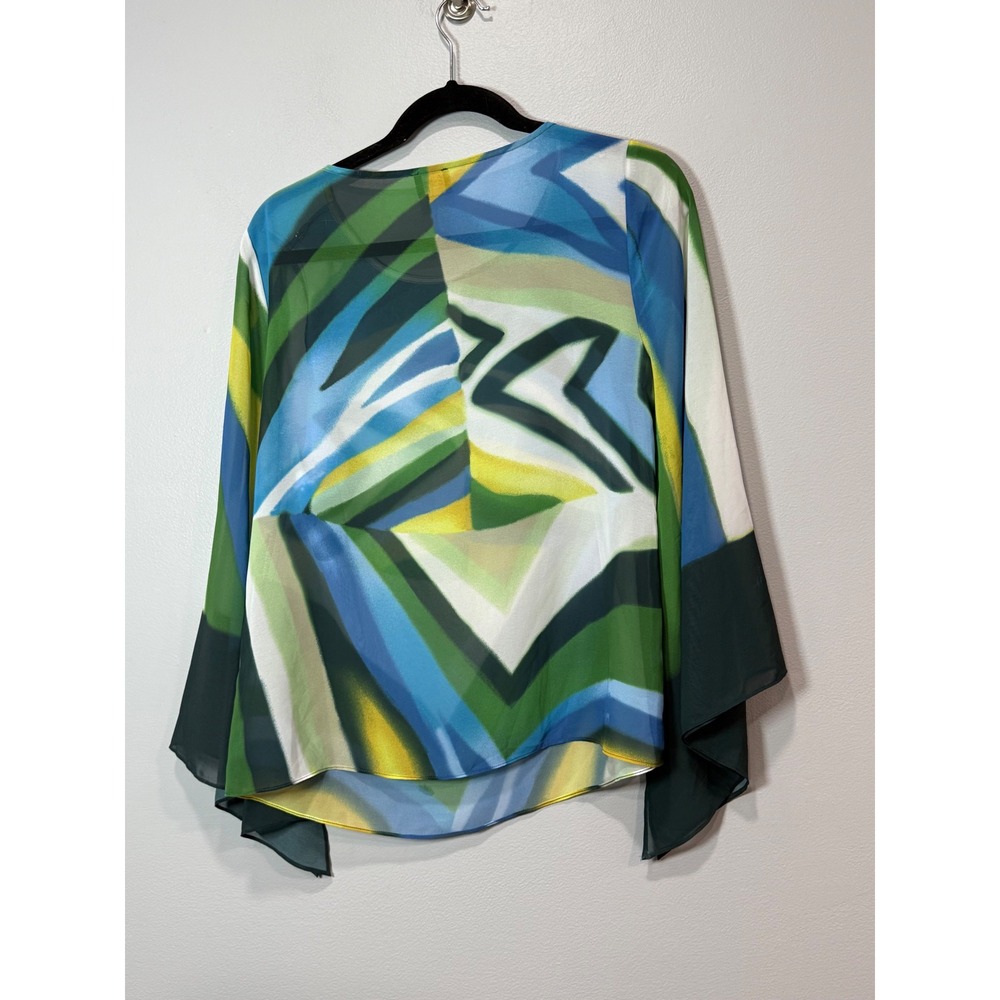 Chicos Travelers Collection Green Blue Abstract Mesh Bell Sleeve Blouse Top sm/M